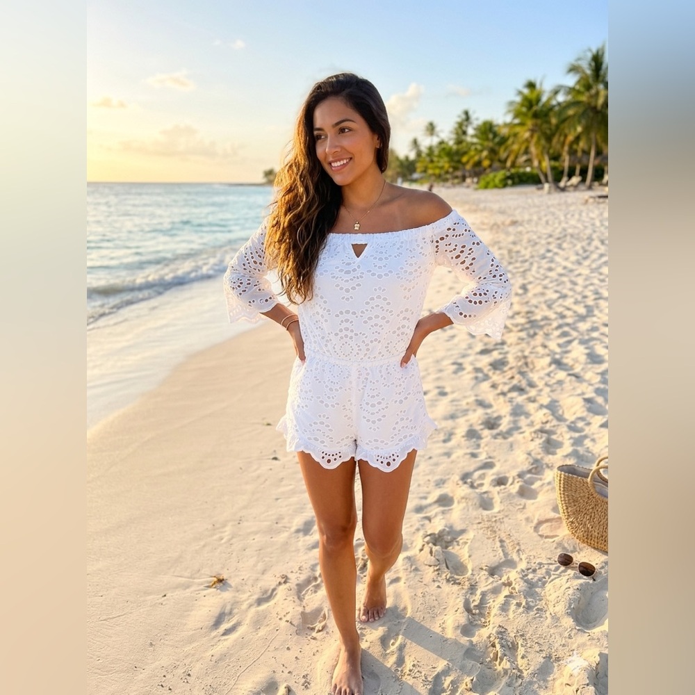 100 % cotton White Off-Shoulder Eyelet Romper Cover-Up